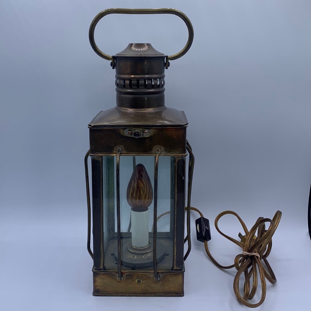 Vintage Electric Brass Glass Panel Nautical Maritime Hanging Lantern TESTED